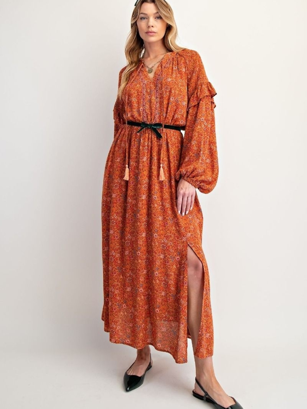 P7-0908 Fall Floral Rust Orange Floral Maxi Dress with Slit
